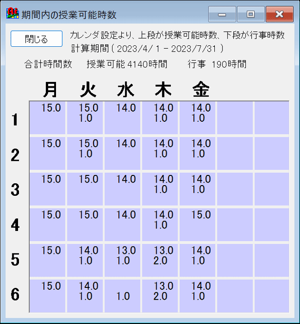 機能詳細　年間実績　授業可能時数集計